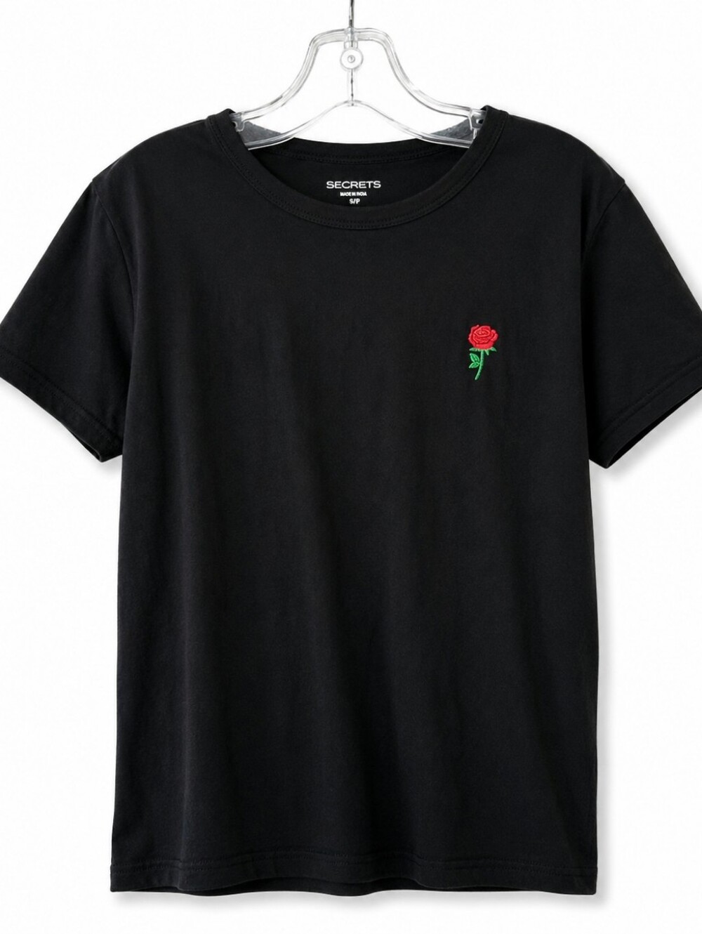 Segments Women's Black Rose Embroidered T-Shirt Short Sleeve Graphic Tee Size M